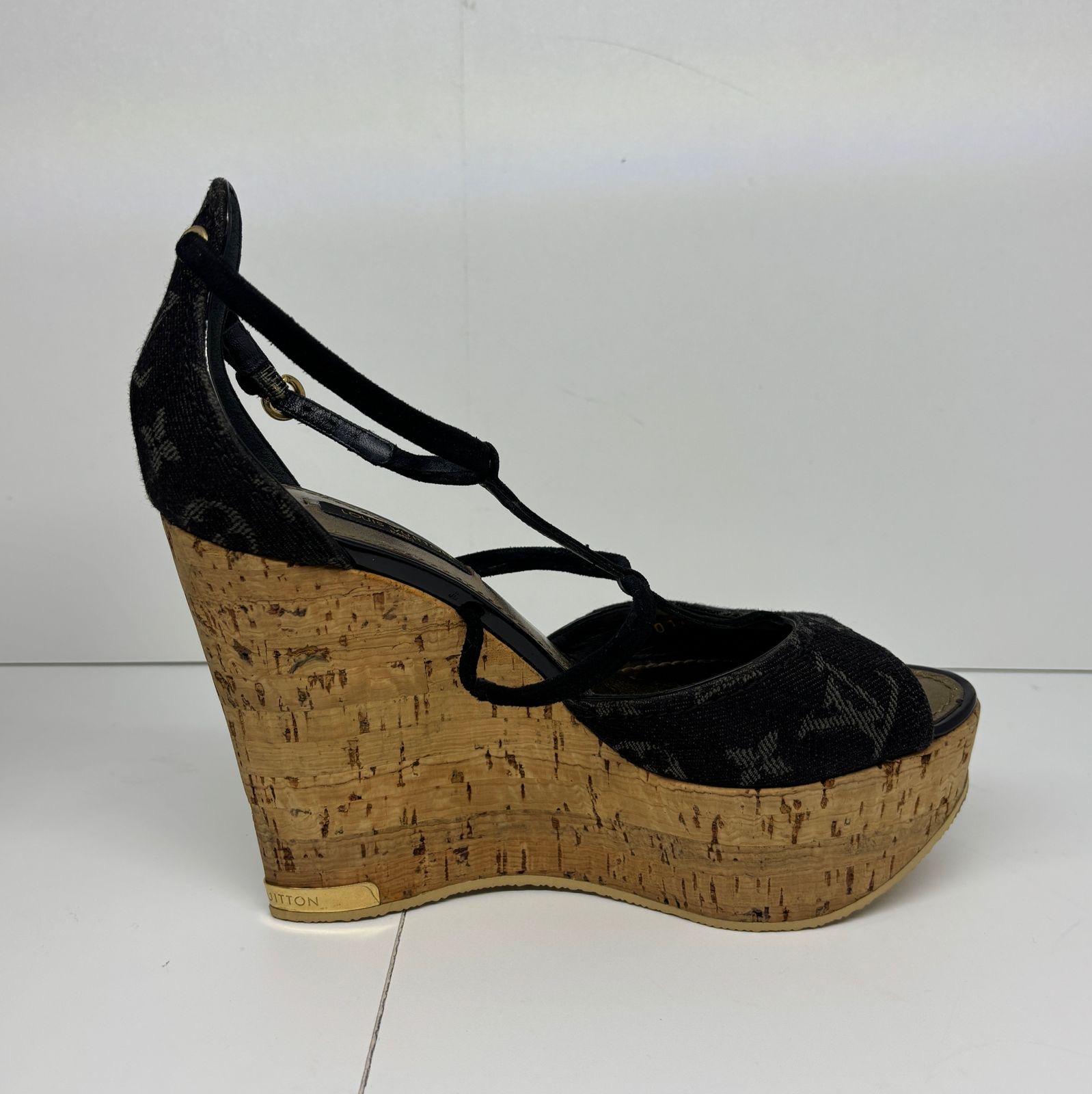 Louis Vuitton Black Monogram Denim Strappy Wedge Sandals For Sale 2