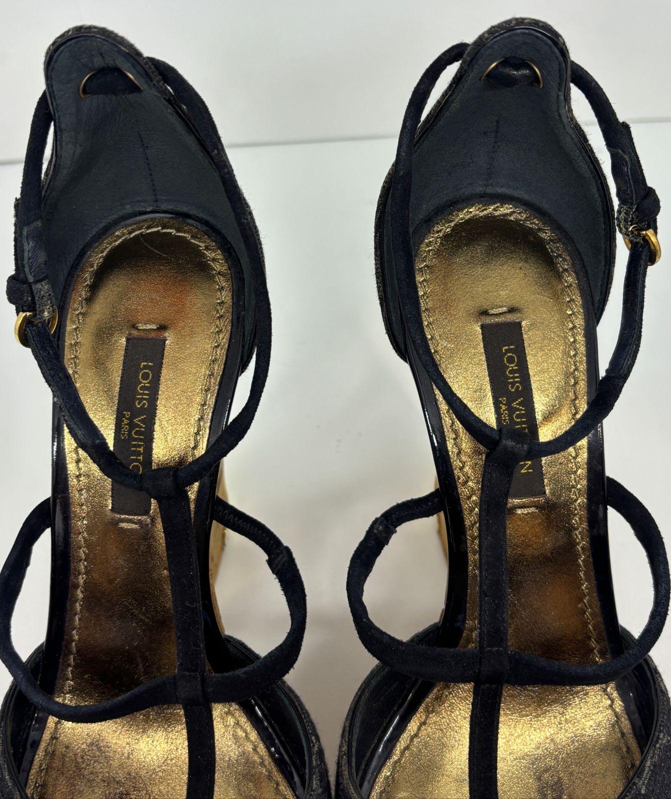 Louis Vuitton Black Monogram Denim Strappy Wedge Sandals For Sale 3