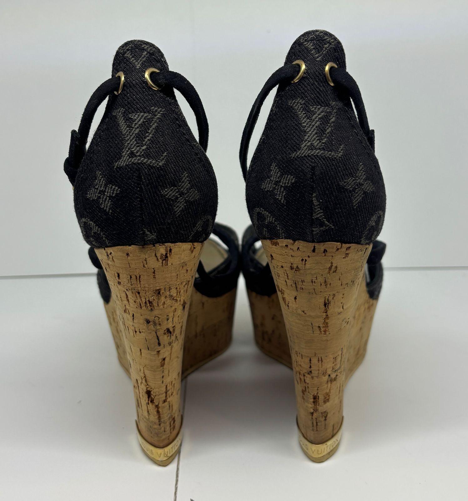 Louis Vuitton Black Monogram Denim Strappy Wedge Sandals For Sale 4