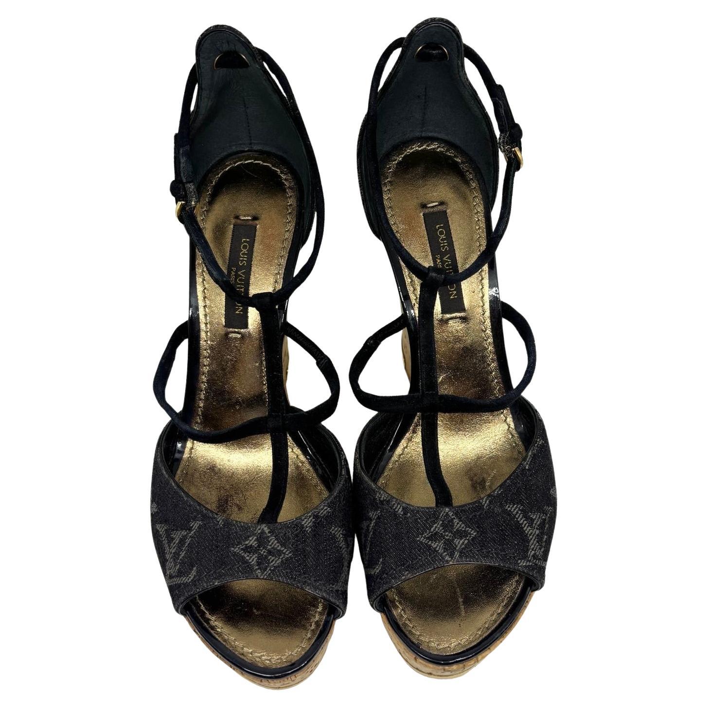 Louis Vuitton Black Monogram Denim Strappy Wedge Sandals For Sale