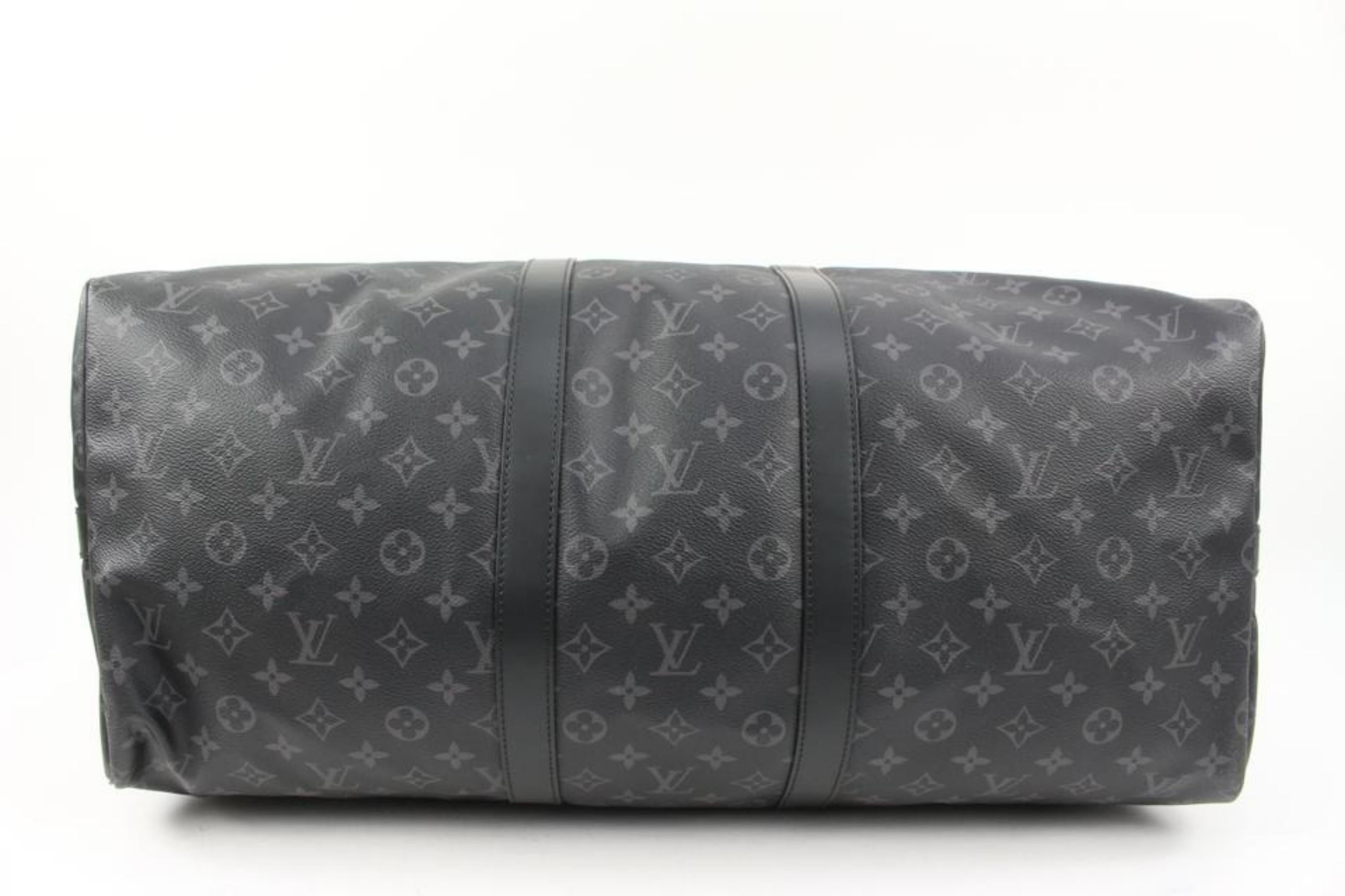 Louis Vuitton Black Monogram Eclipse Keepall Bandouliere 55 Duffle Bag Strap 39L For Sale 2