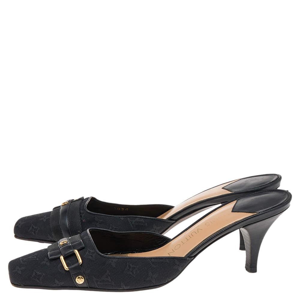 Women's Louis Vuitton Black Monogram Embossed Canvas Slip On Mules Size 37.5