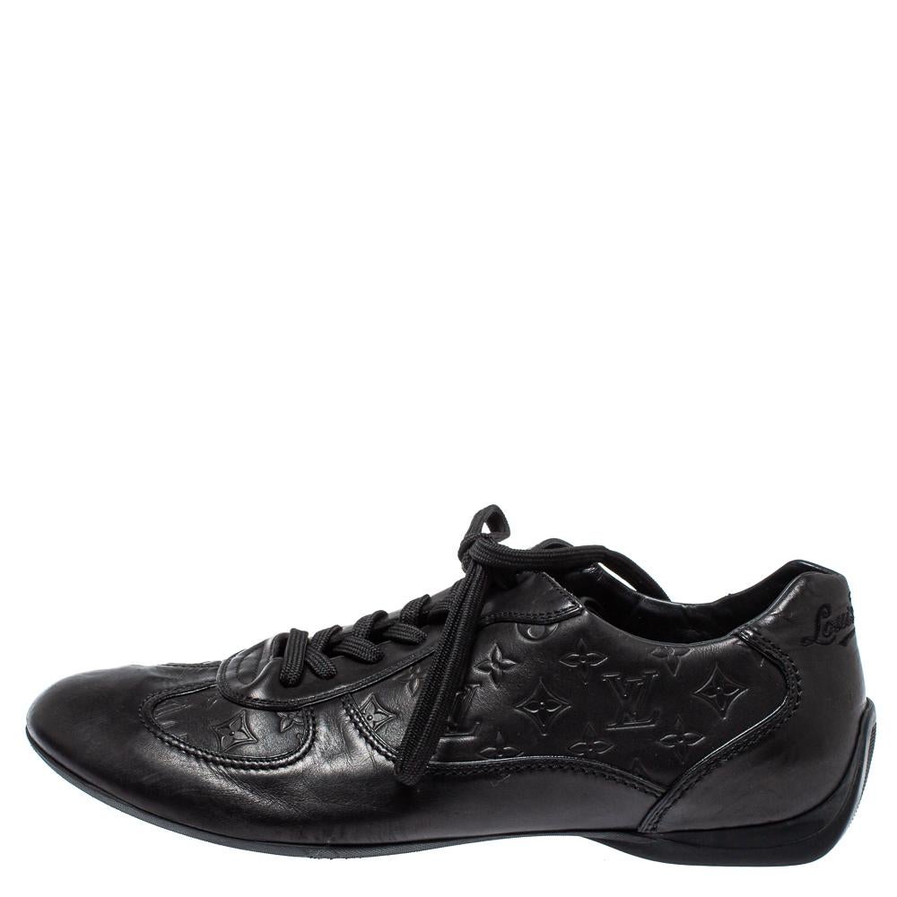 These trendy and chic sneakers from Louis Vuitton will amp up your style. Step out in style and confidence as you wear these attractive sneakers crafted from Monogram-embossed leather. They come in a lovely shade of black that is versatile and