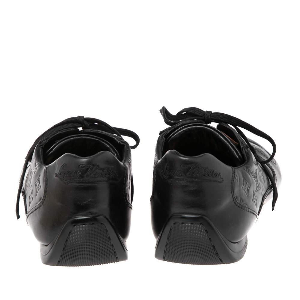 These sneakers from the House of Louis Vuitton are designed to offer never-ending elegance and luxury to your appearance! They are made from black Monogram-embossed leather on the exterior and showcase lace-ups on the vamps. Their structure is made