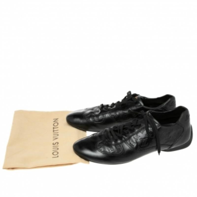 Louis Vuitton Black Monogram Embossed Leather Lace Up Sneakers Size 44.5 In Fair Condition For Sale In Dubai, Al Qouz 2