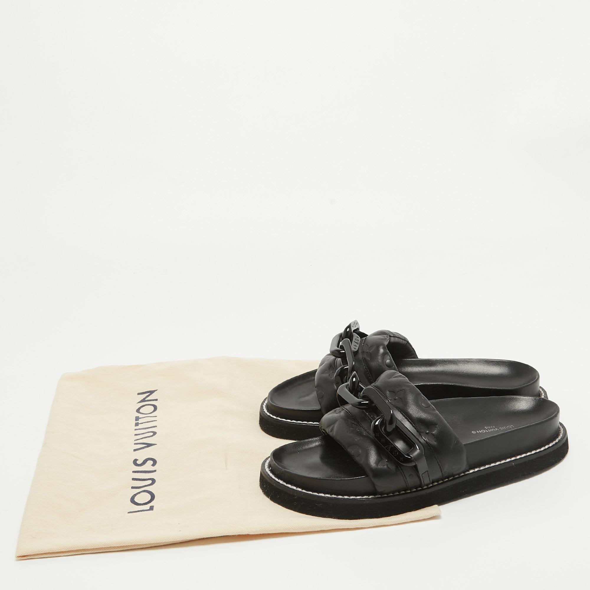 Louis Vuitton Black Monogram Embossed Leather LV Sunset Slides Size 37 5