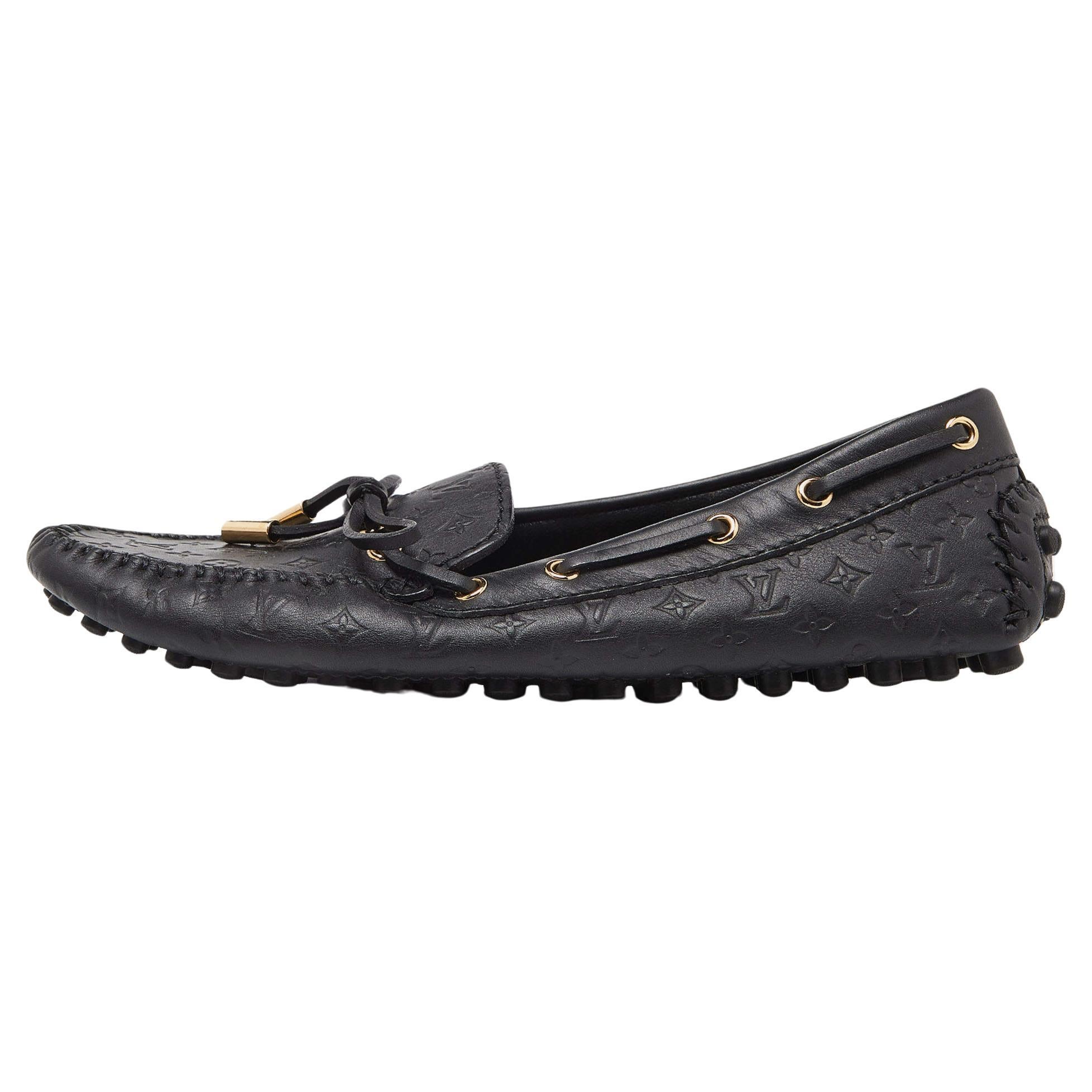 Louis Vuitton Black Monogram Empreinte Leather Gloria Loafers Size 37 For Sale