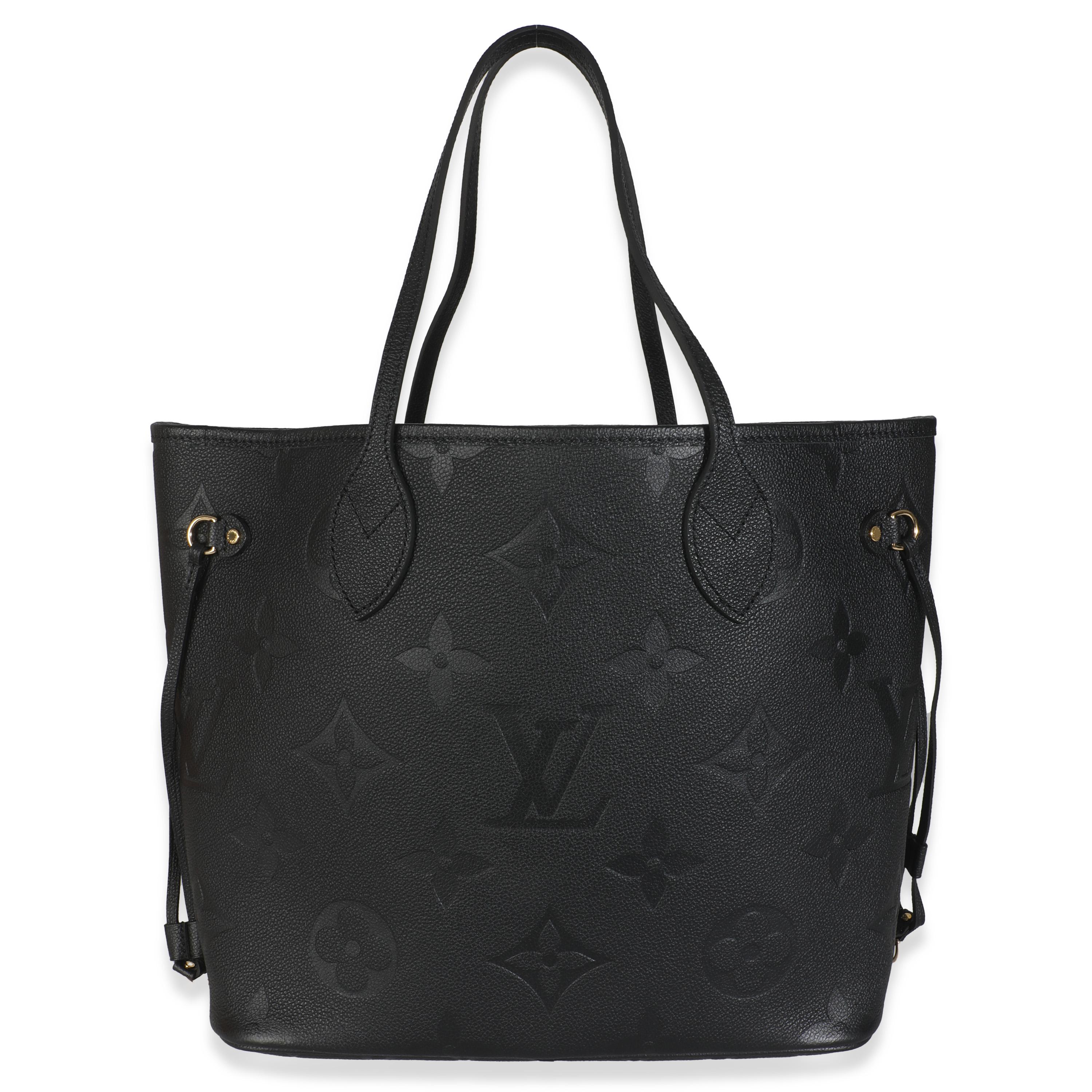 Listing Title: Louis Vuitton Black Monogram Empreinte Neverfull MM
SKU: 145949
MSRP: 2880.00 USD
Condition: Pre-owned 
Condition Description: Released in 2007, the Louis Vuitton Neverfull bag has since become one of the House's most established