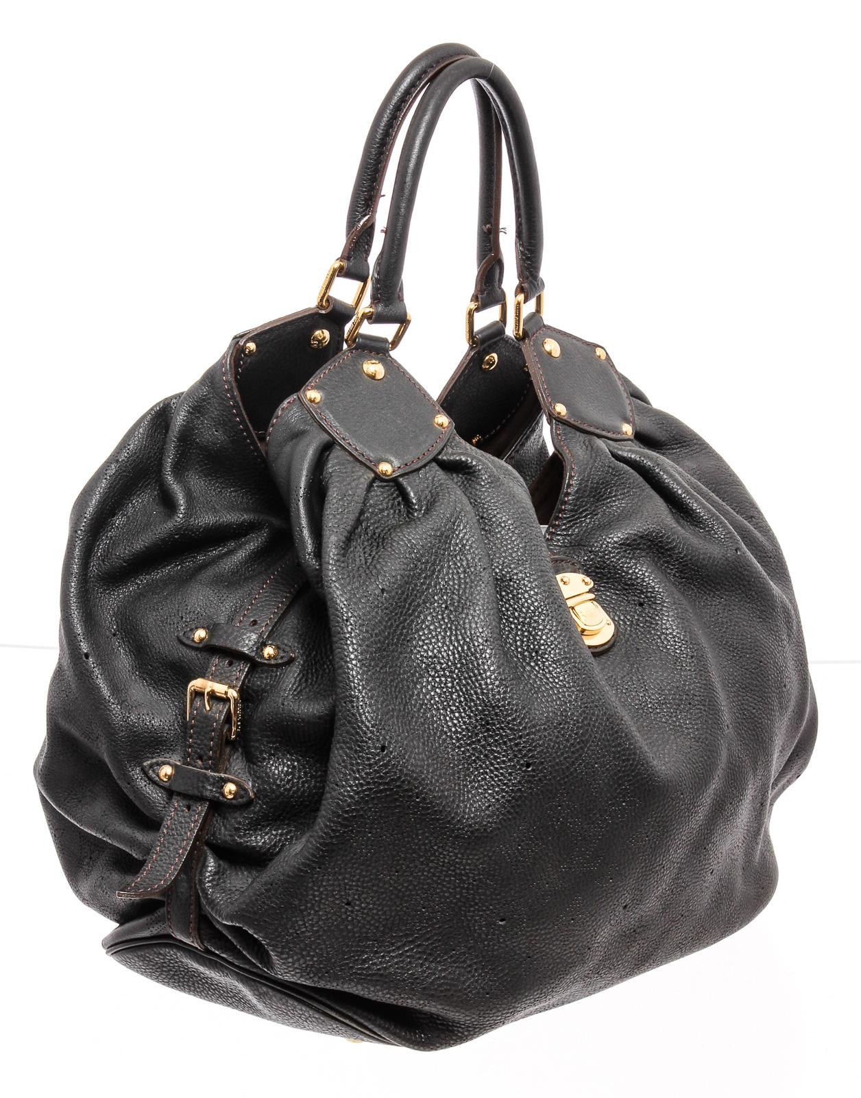 Black monogram Mahina leather Louis Vuitton XL hobo with brass hardware, dual rolled shoulder straps, chocolate Alcantara lining, single zip pocket at interior wall and clasp closure at top featuring additional push-lock closure at front strap.