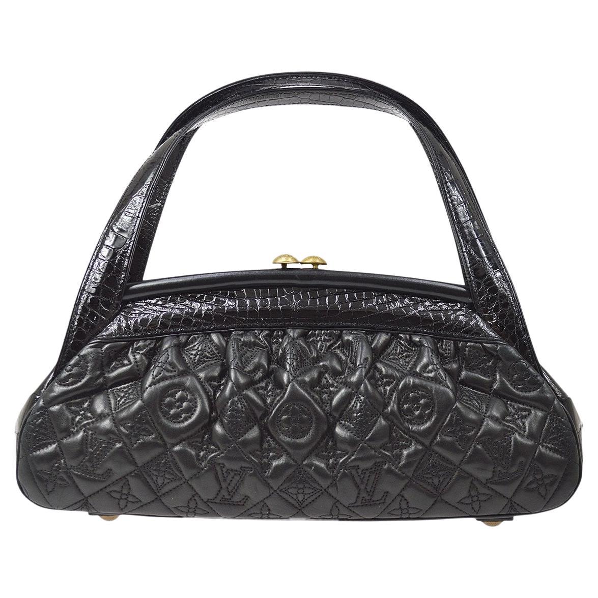 LOUIS VUITTON Black Monogram Logo Alligator Exotic Gold Top Handle Pochette Bag