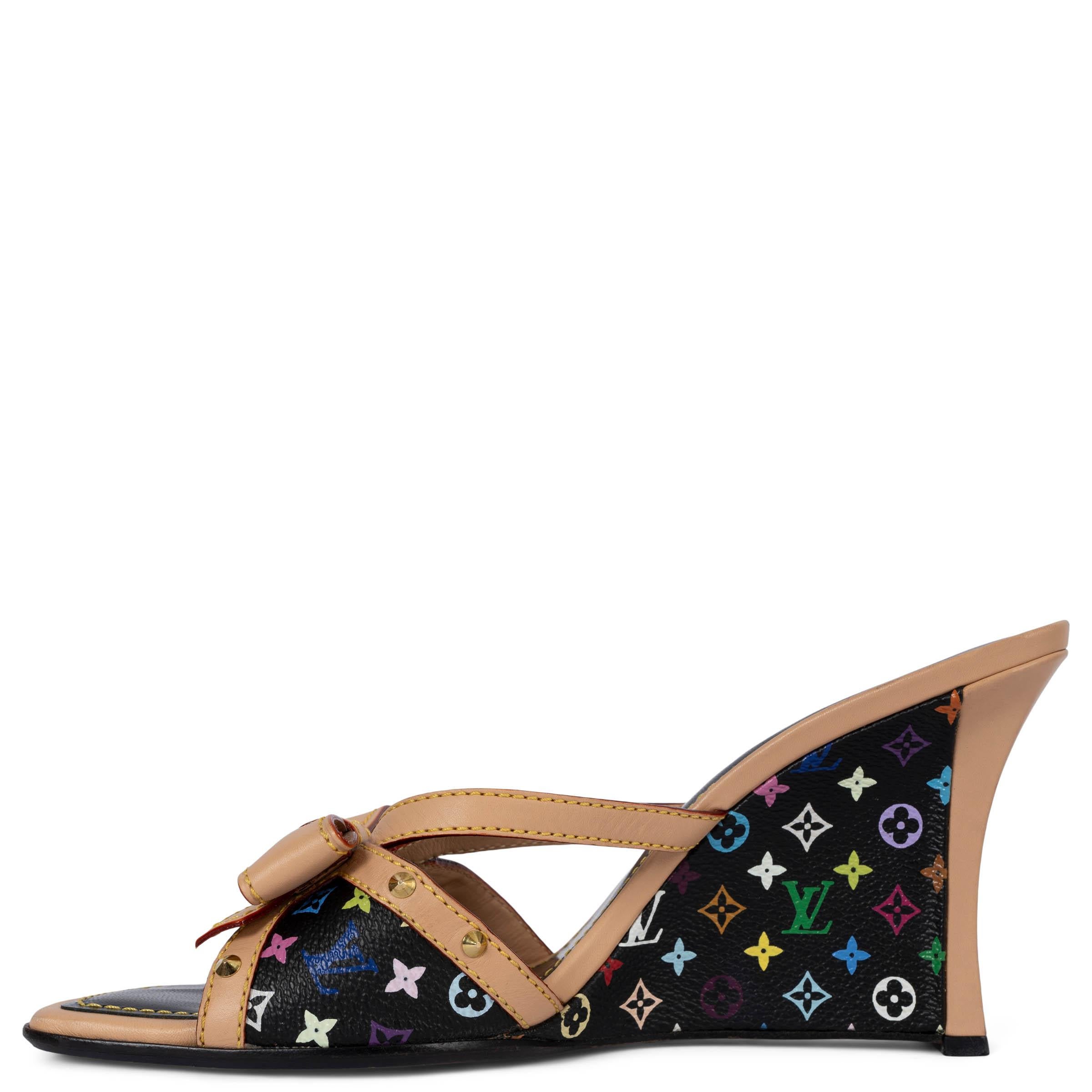 LOUIS VUITTON black Monogram Multicolor BOW Wedge Sandals Shoes 39.5 fit 39 In Excellent Condition In Zürich, CH
