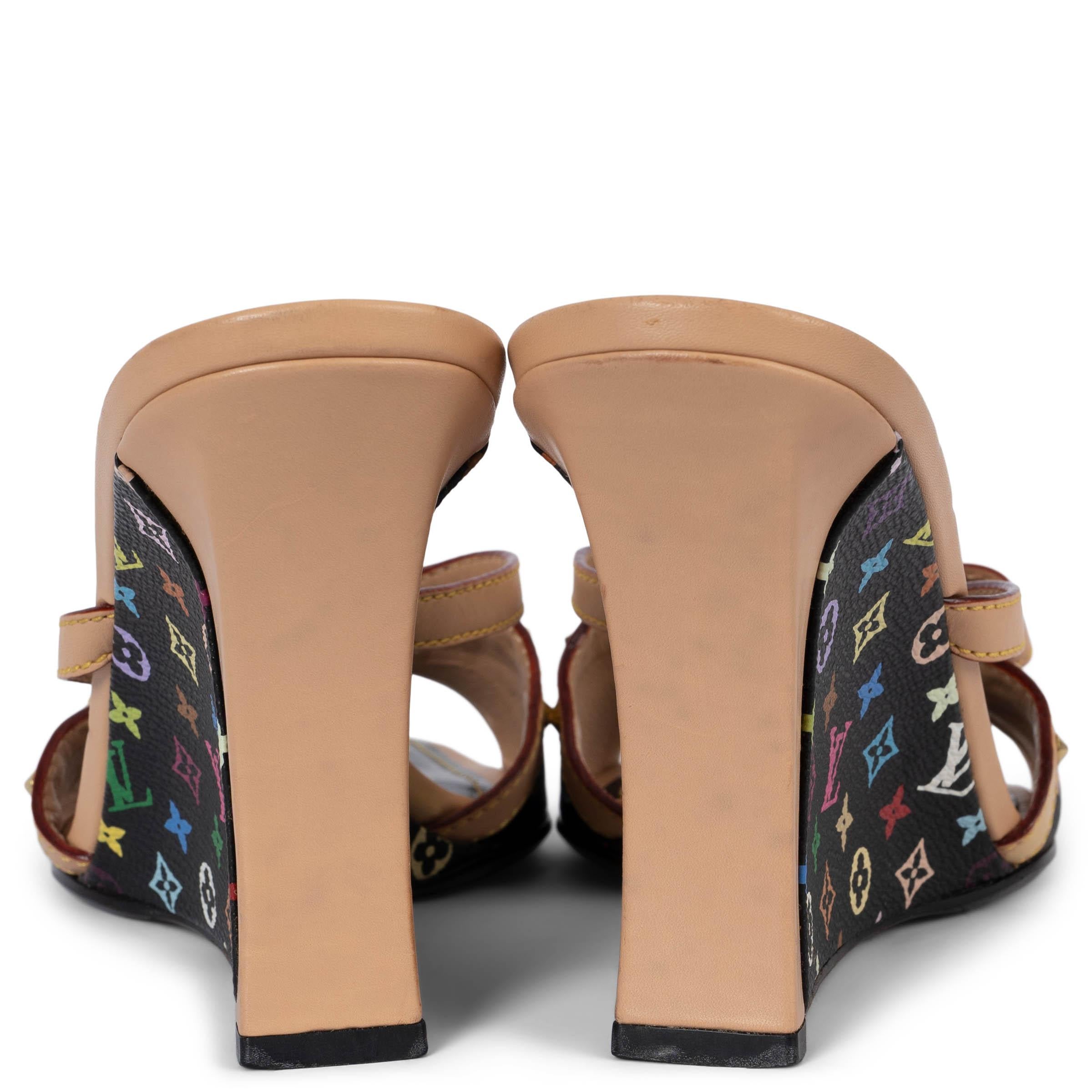 Women's LOUIS VUITTON black Monogram Multicolor BOW Wedge Sandals Shoes 39.5 fit 39