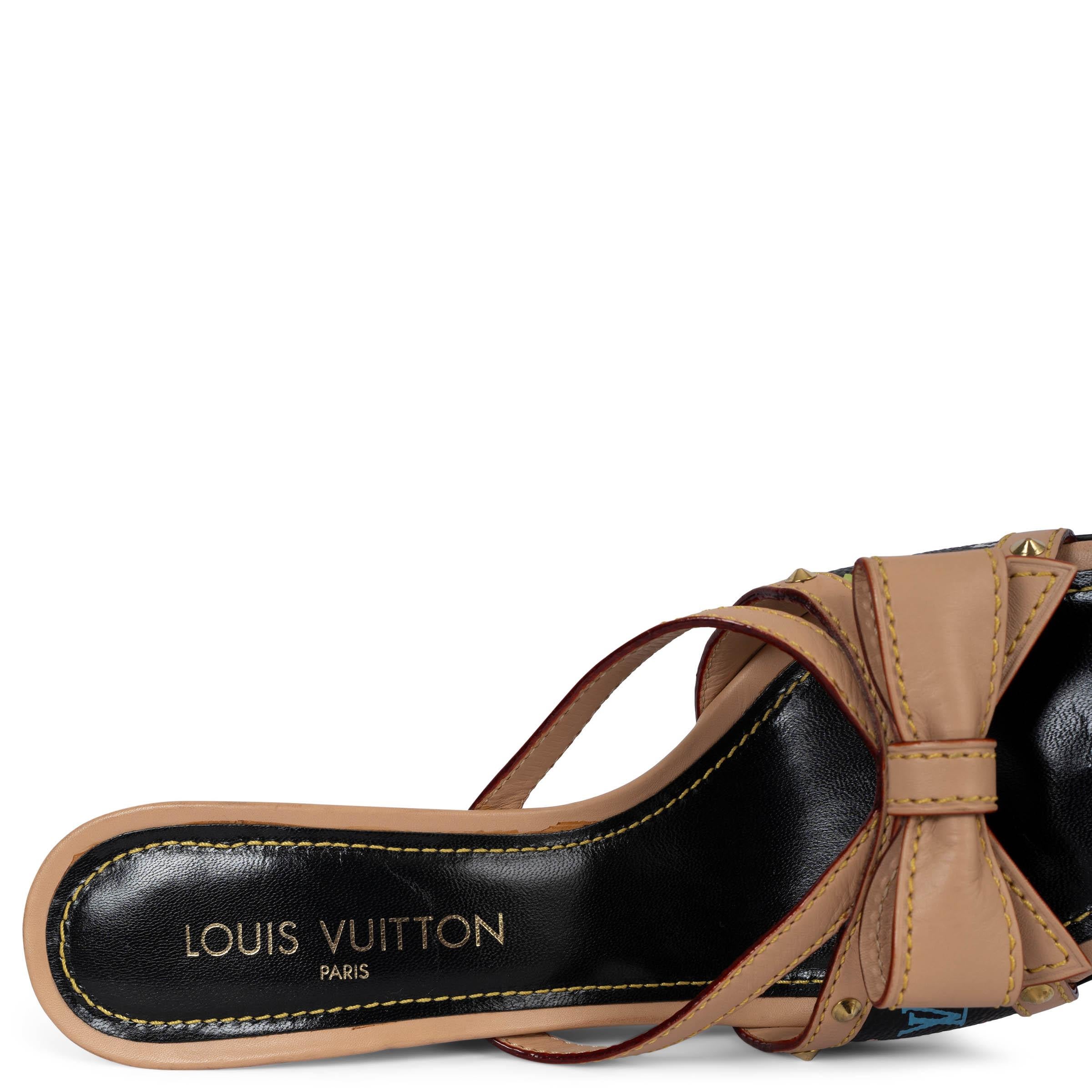 LOUIS VUITTON black Monogram Multicolor BOW Wedge Sandals Shoes 39.5 fit 39 2