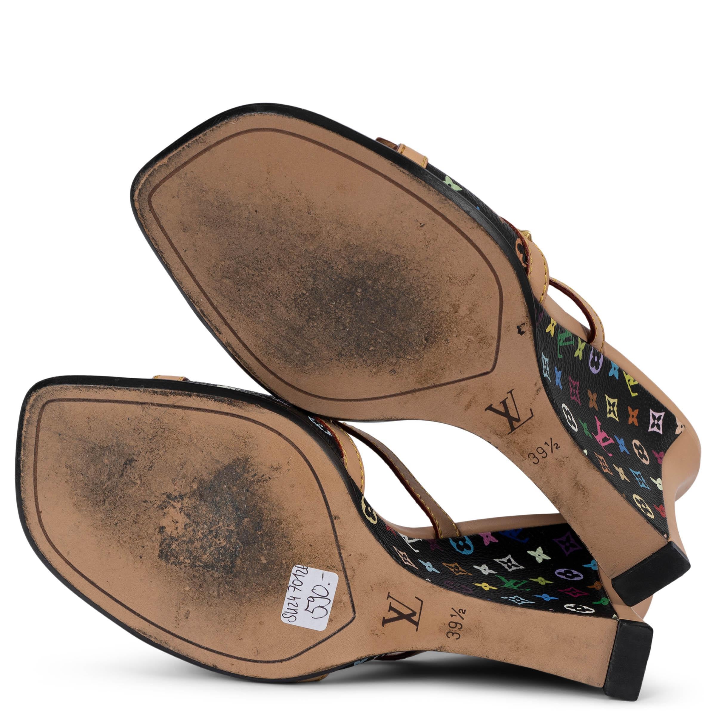 LOUIS VUITTON black Monogram Multicolor BOW Wedge Sandals Shoes 39.5 fit 39 3