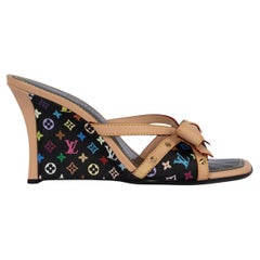 LOUIS VUITTON black Monogram Multicolor BOW Wedge Sandals Shoes 39.5 fit 39