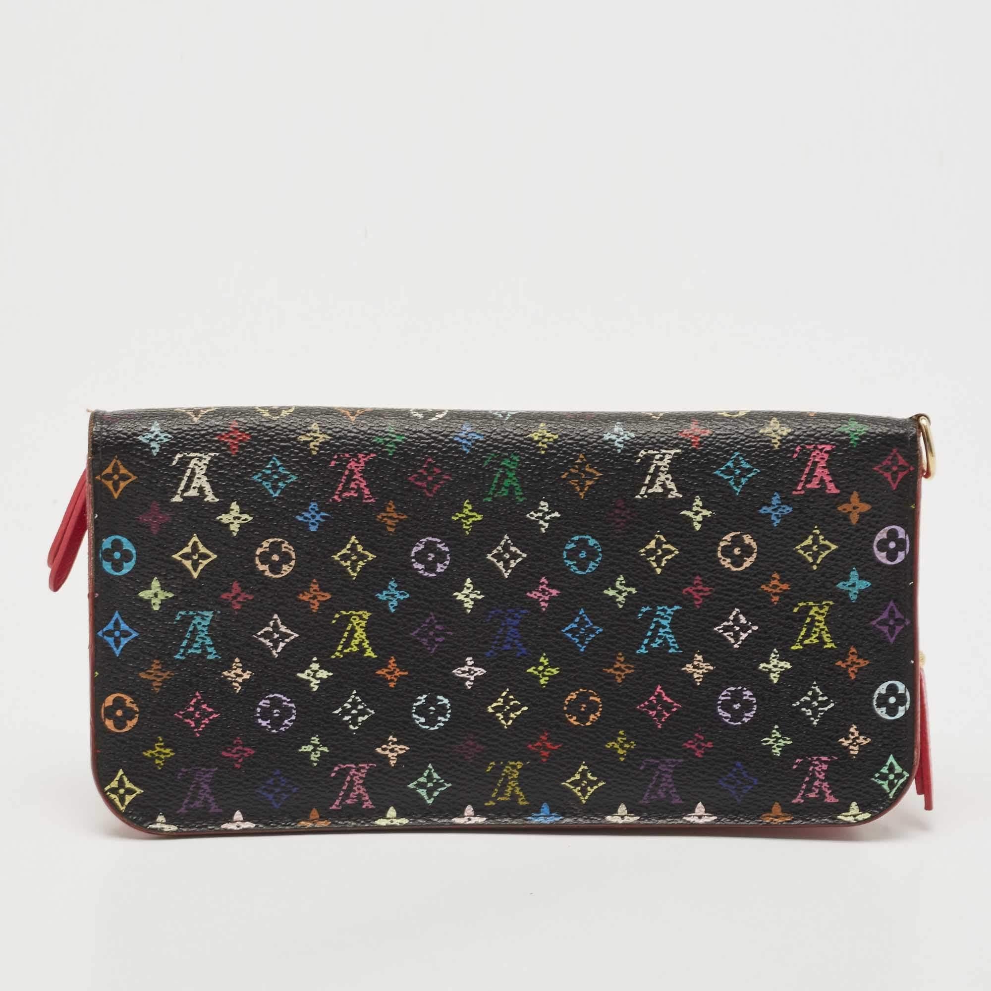 This Insolite wallet from the house of Louis Vuitton is created to offer functionality and style. It is made from Monogram Multicolore canvas on the exterior. It has a neat leather-lined interior and gold-tone hardware. This LV wallet is great for