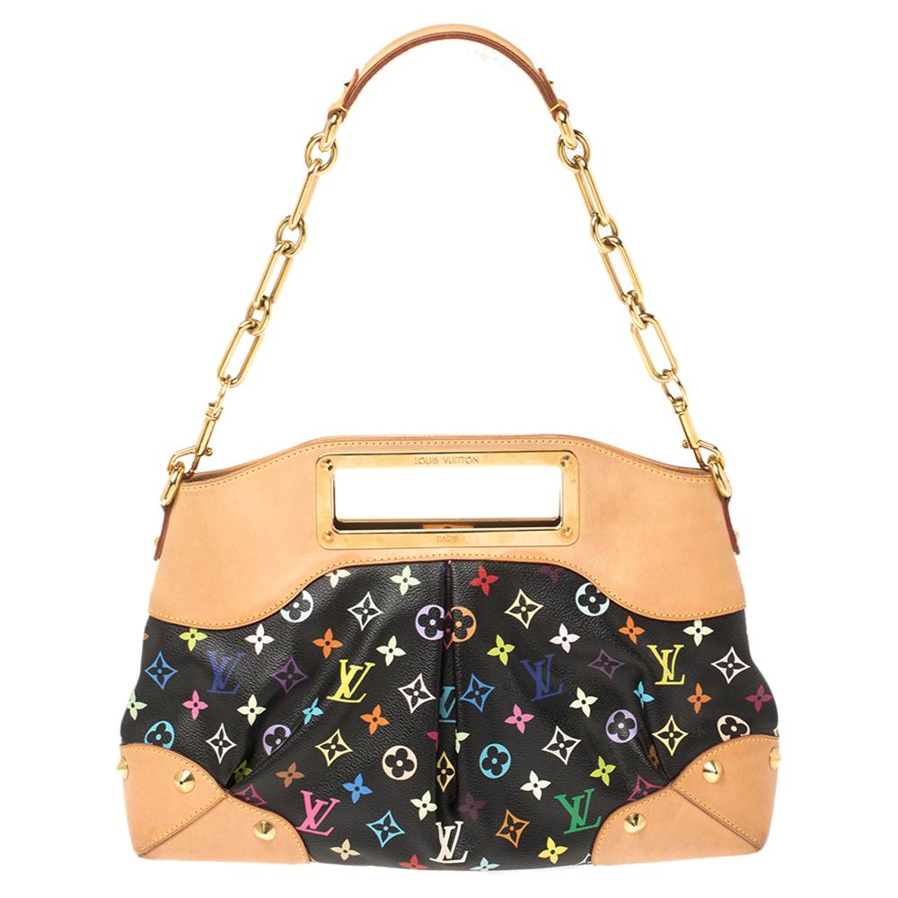 It is every woman's dream to own a Louis Vuitton handbag as appealing as this one. Crafted from their signature Monogram Multicolore canvas and leather, this black bag features a detachable chain handle and frame handles engraved with the brand