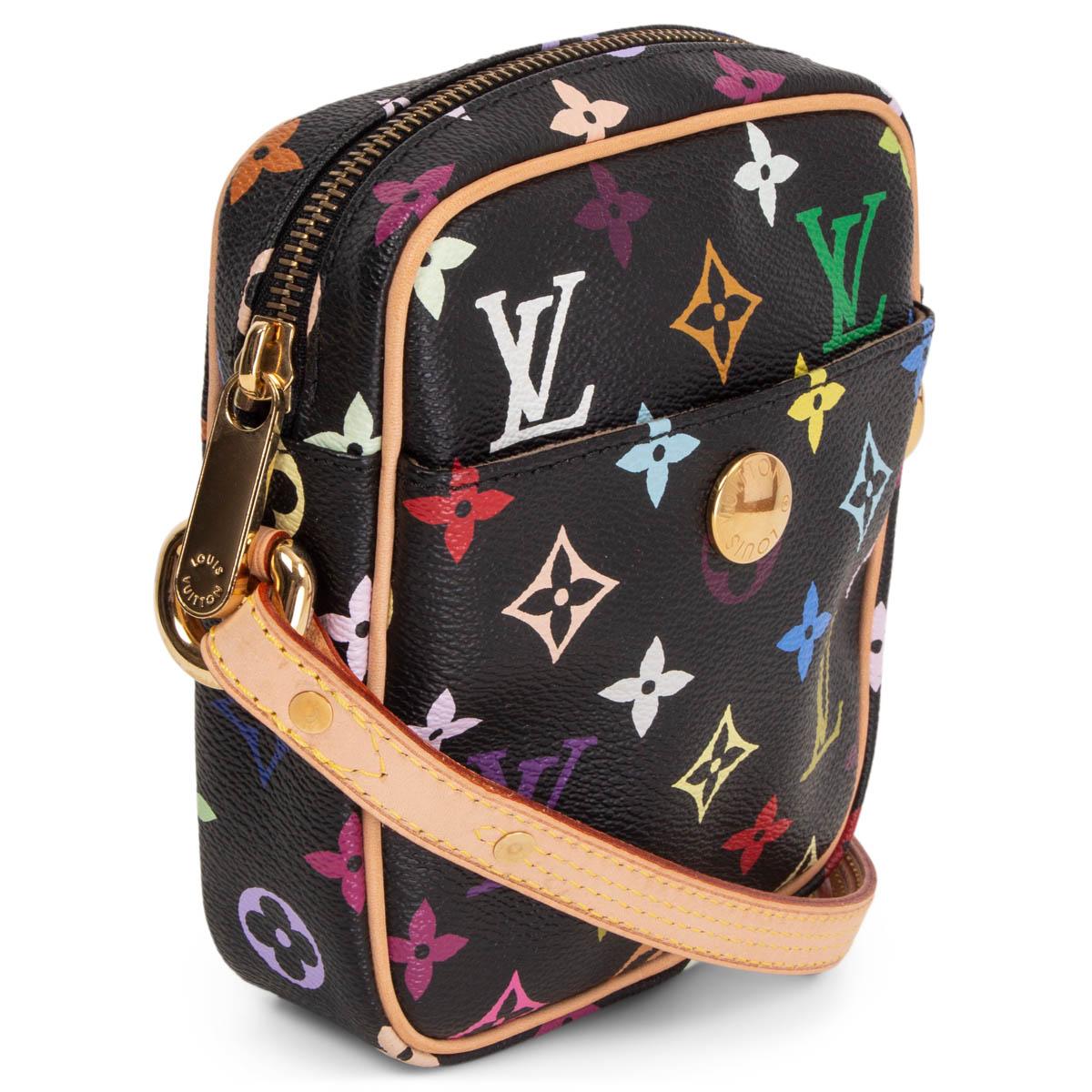 100% authentic Louis Vuitton Rift Crossbody bag in black and multicolor monogram canvas featuring natural cowhide trim and adjustable shoulder strap. Has one front snap pocket and features gold-tone hardware. Opens with a zipper on top and is lined