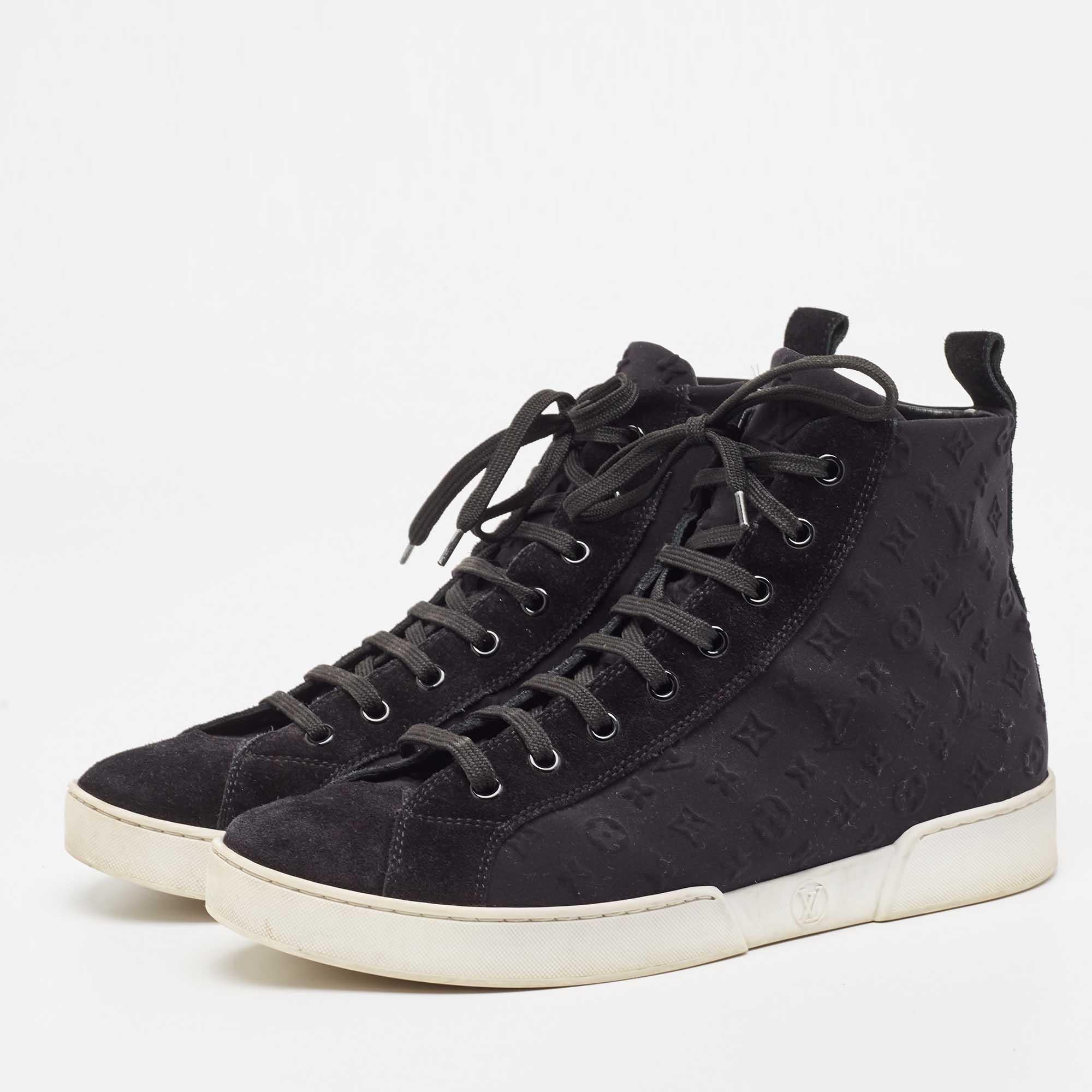Men's Louis Vuitton Black Monogram Neoprene and Suede High Top Sneakers Size 38 For Sale