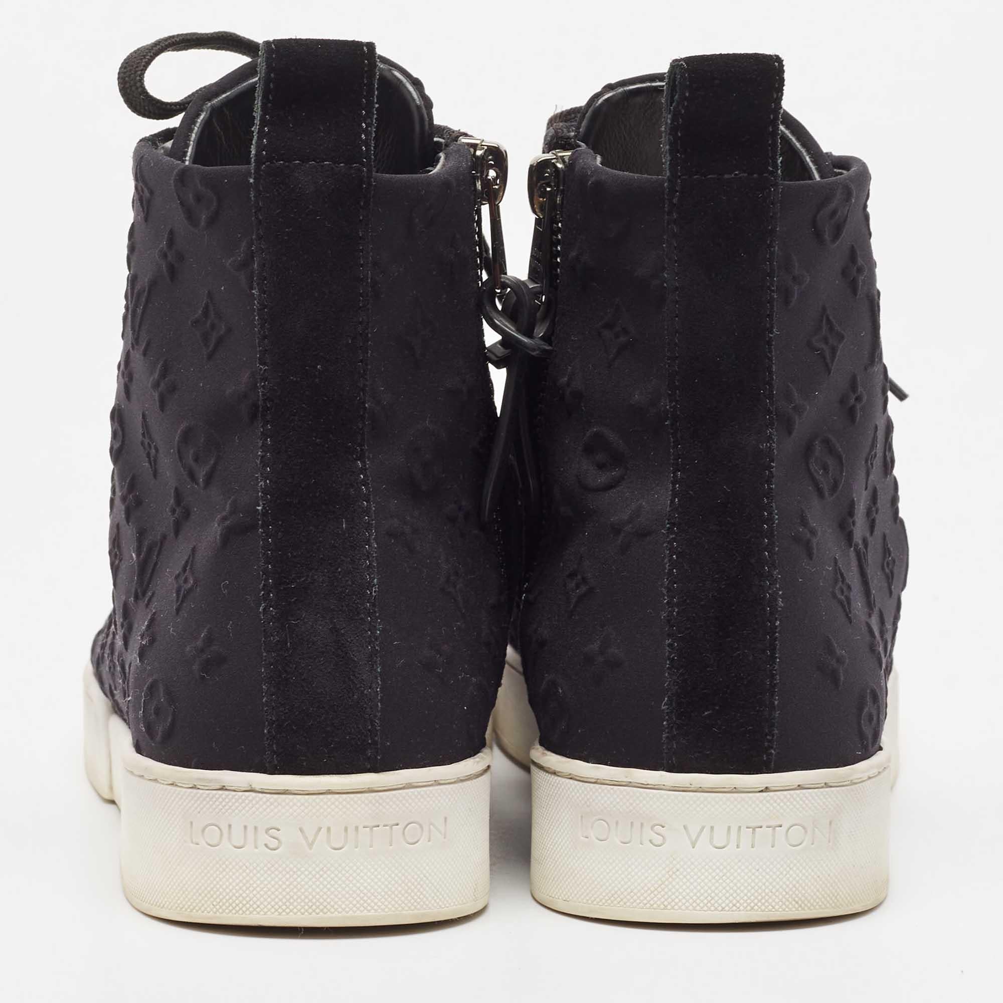 Louis Vuitton Black Monogram Neoprene and Suede High Top Sneakers Size 38 For Sale 1