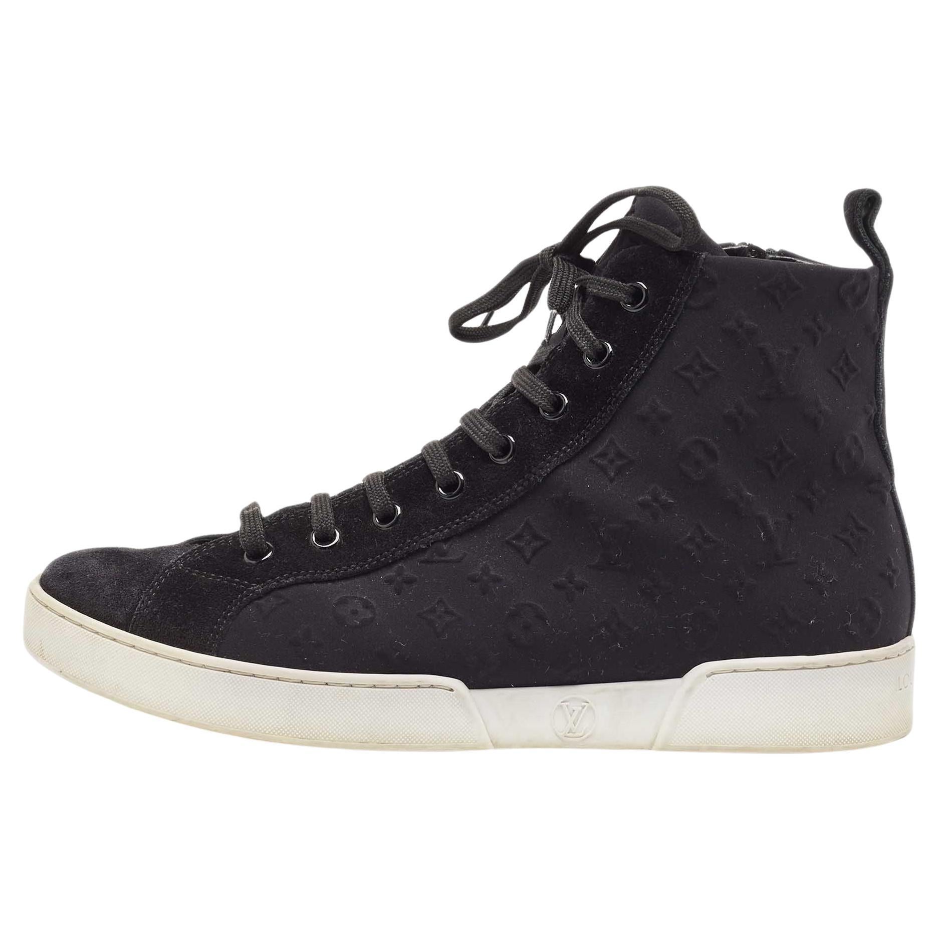 Louis Vuitton Black Monogram Neoprene and Suede High Top Sneakers Size 38 For Sale