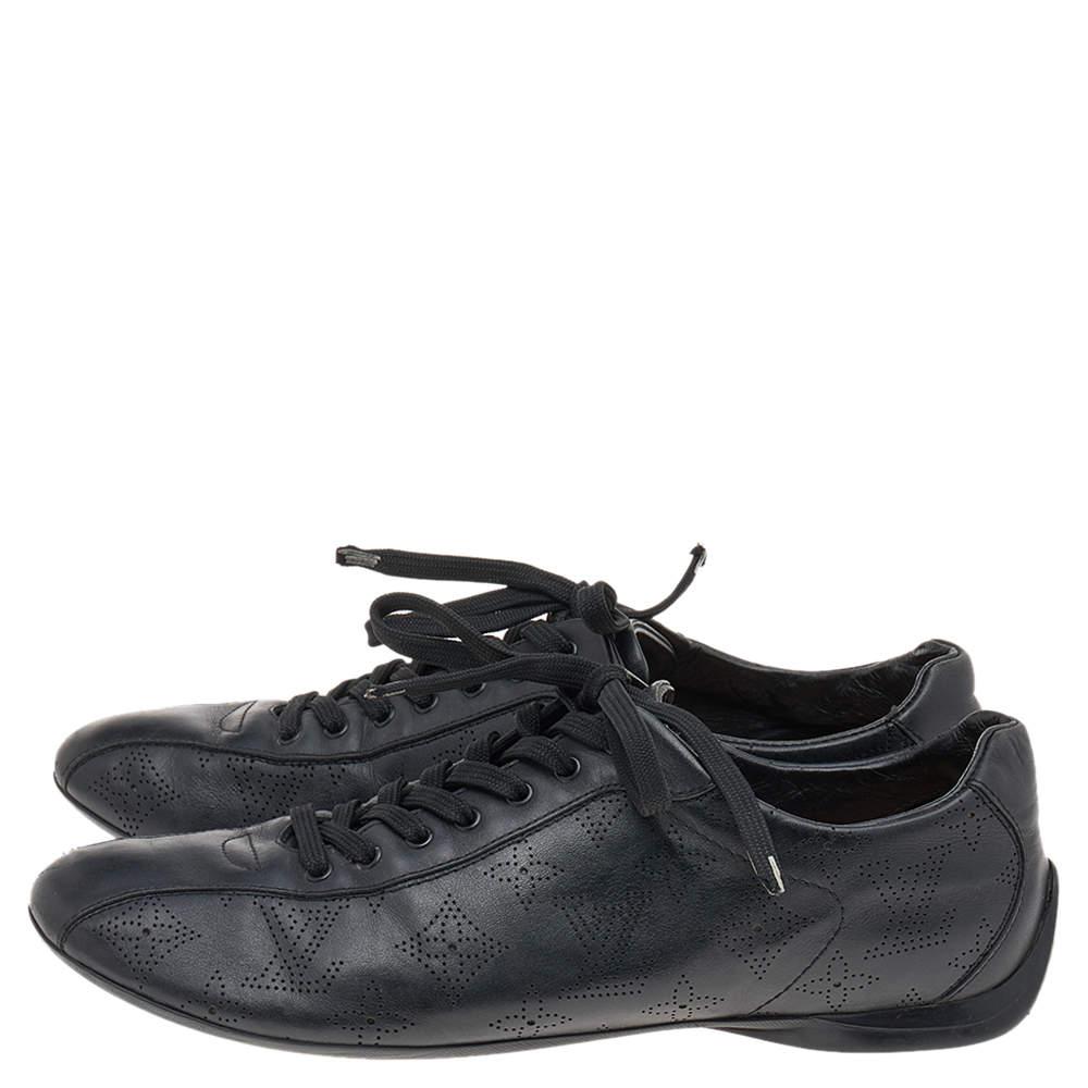 Louis Vuitton Black Monogram Perforated Leather Low Top Sneakers Size 38.5 In Fair Condition For Sale In Dubai, Al Qouz 2