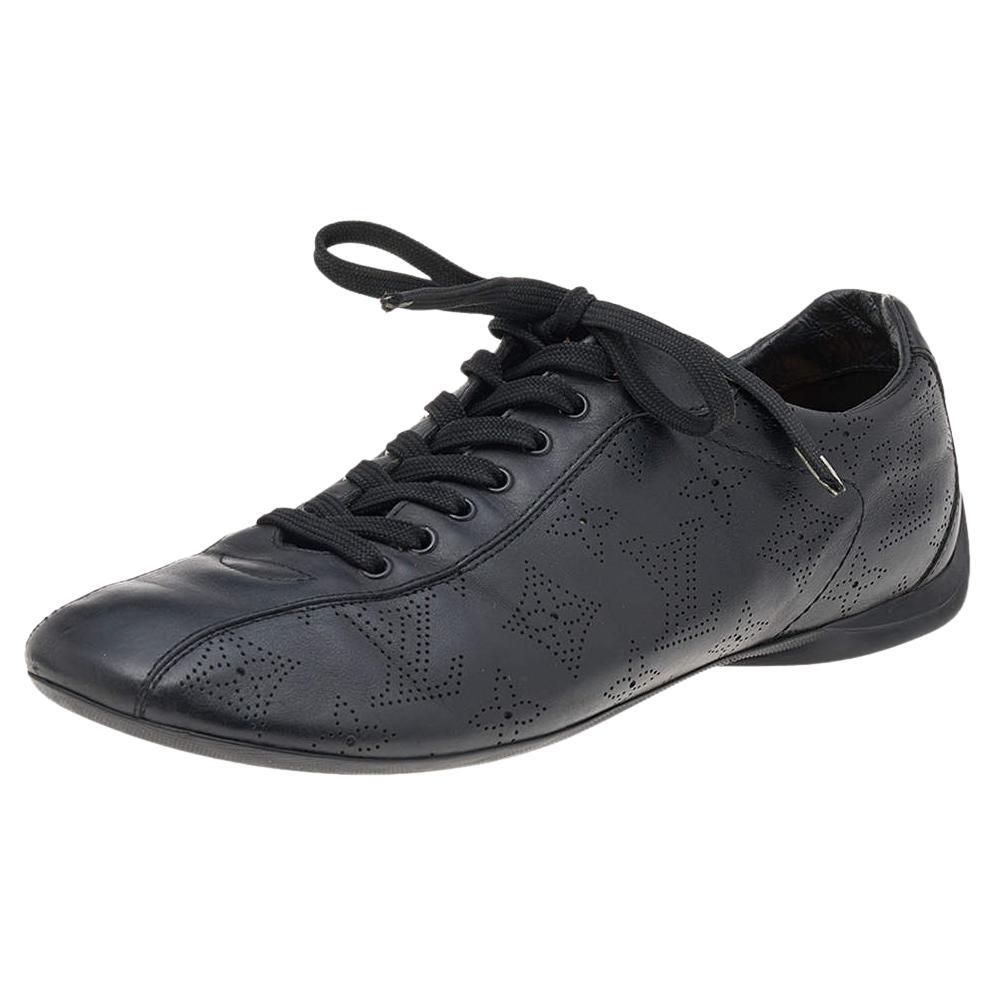 Louis Vuitton Black Monogram Perforated Leather Low Top Sneakers Size 38.5 For Sale