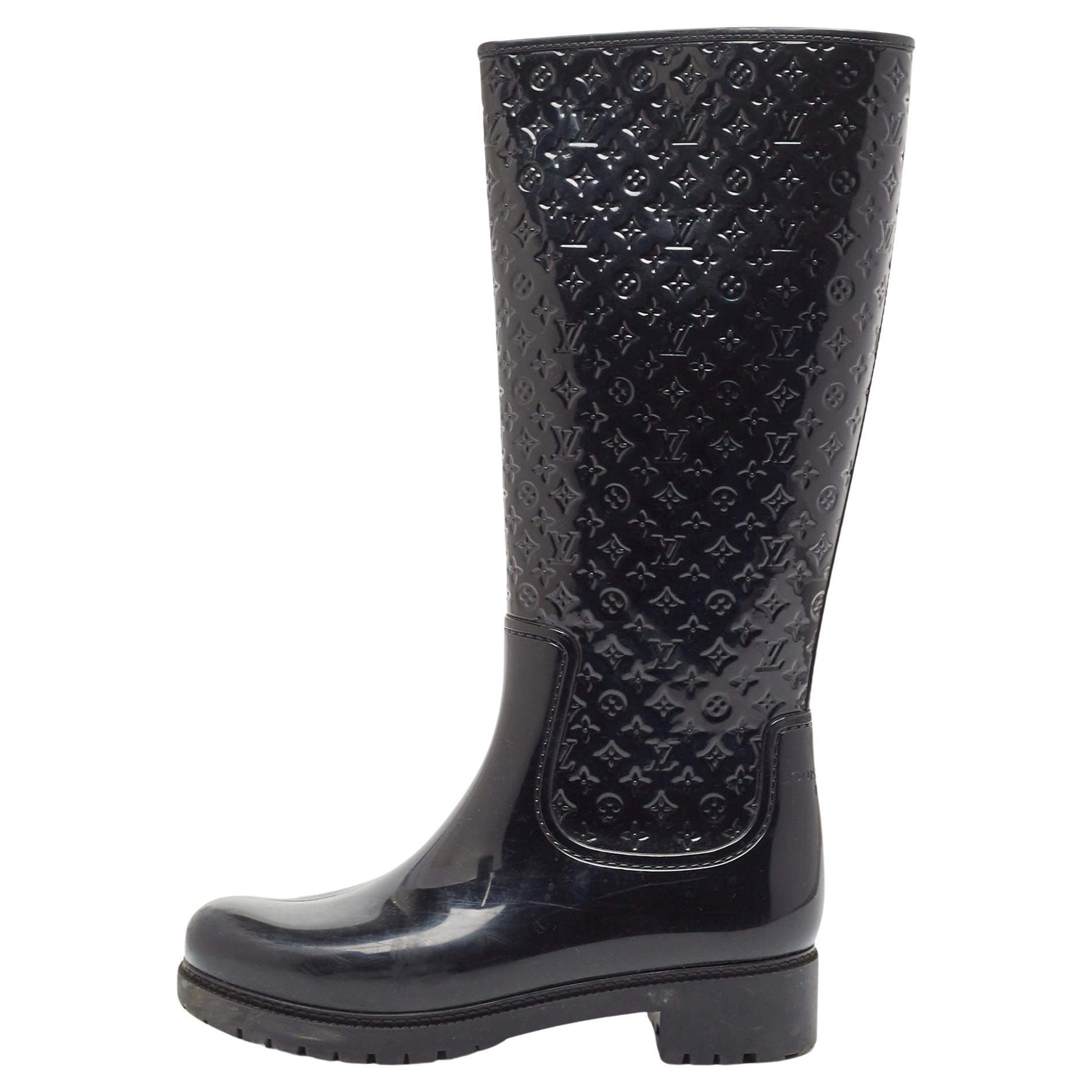 Louis Vuitton Black Monogram Rubber Knee Length Boots Size 38 For Sale
