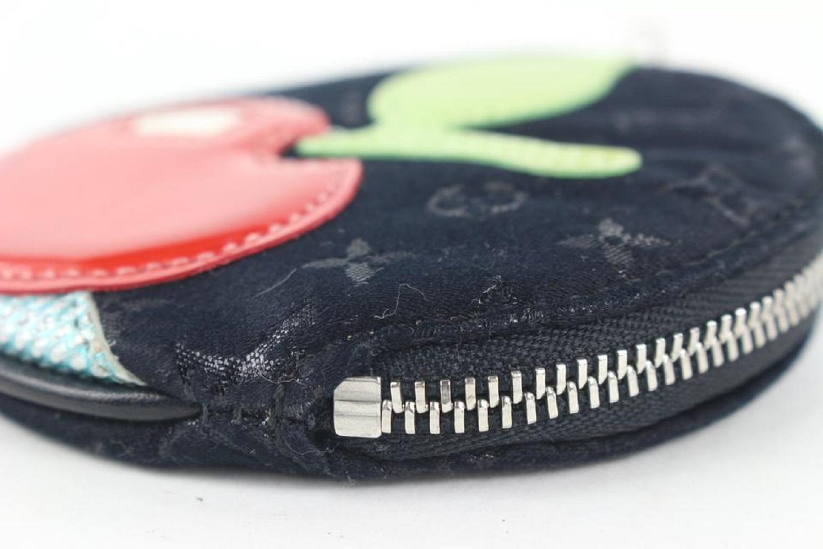 Louis Vuitton Black Monogram Satin Conte De Fees Apple Round Coin Pouch In Good Condition For Sale In Dix hills, NY