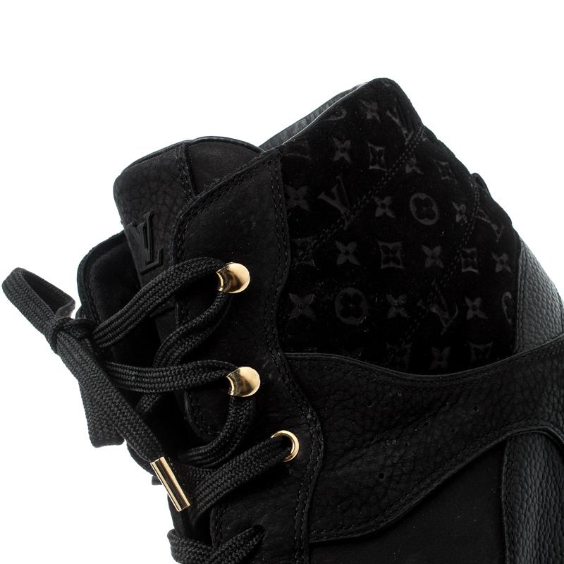 Louis Vuitton Black Monogram Suede And Leather Top Lace Up Sneakers Size 39.5 In Good Condition In Dubai, Al Qouz 2