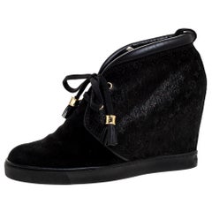 Louis Vuitton Black Monogram Suede And Leather Wedge Ankle Booties Size 39