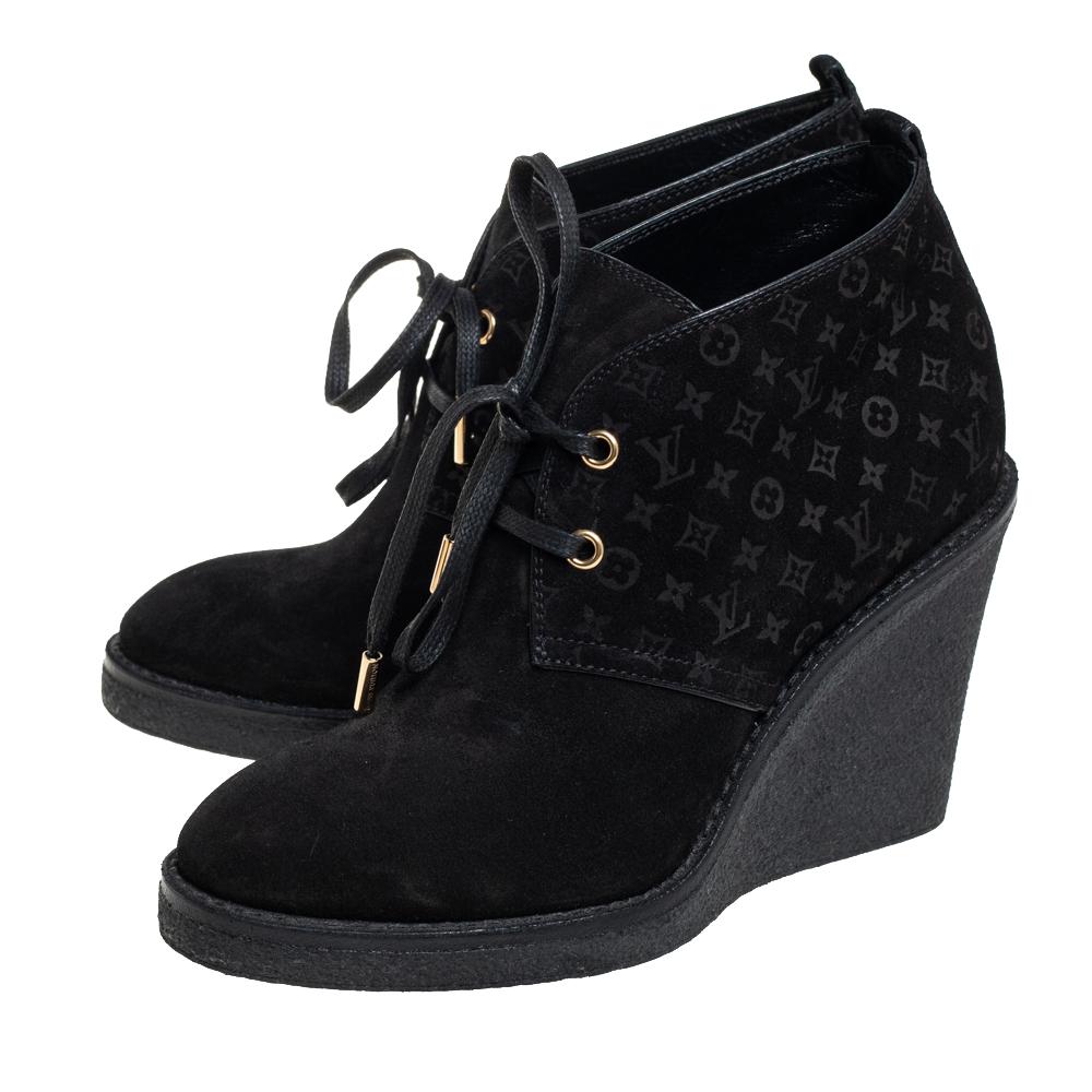 Louis Vuitton Black Monogram Suede Wedge Ankle Boots Size 36.5 1