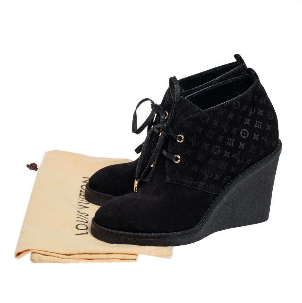 Louis Vuitton Black Monogram Suede Wedge Ankle Boots Size 36.5 2