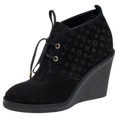 Louis Vuitton Black Monogram Suede Wedge Ankle Boots Size 36.5