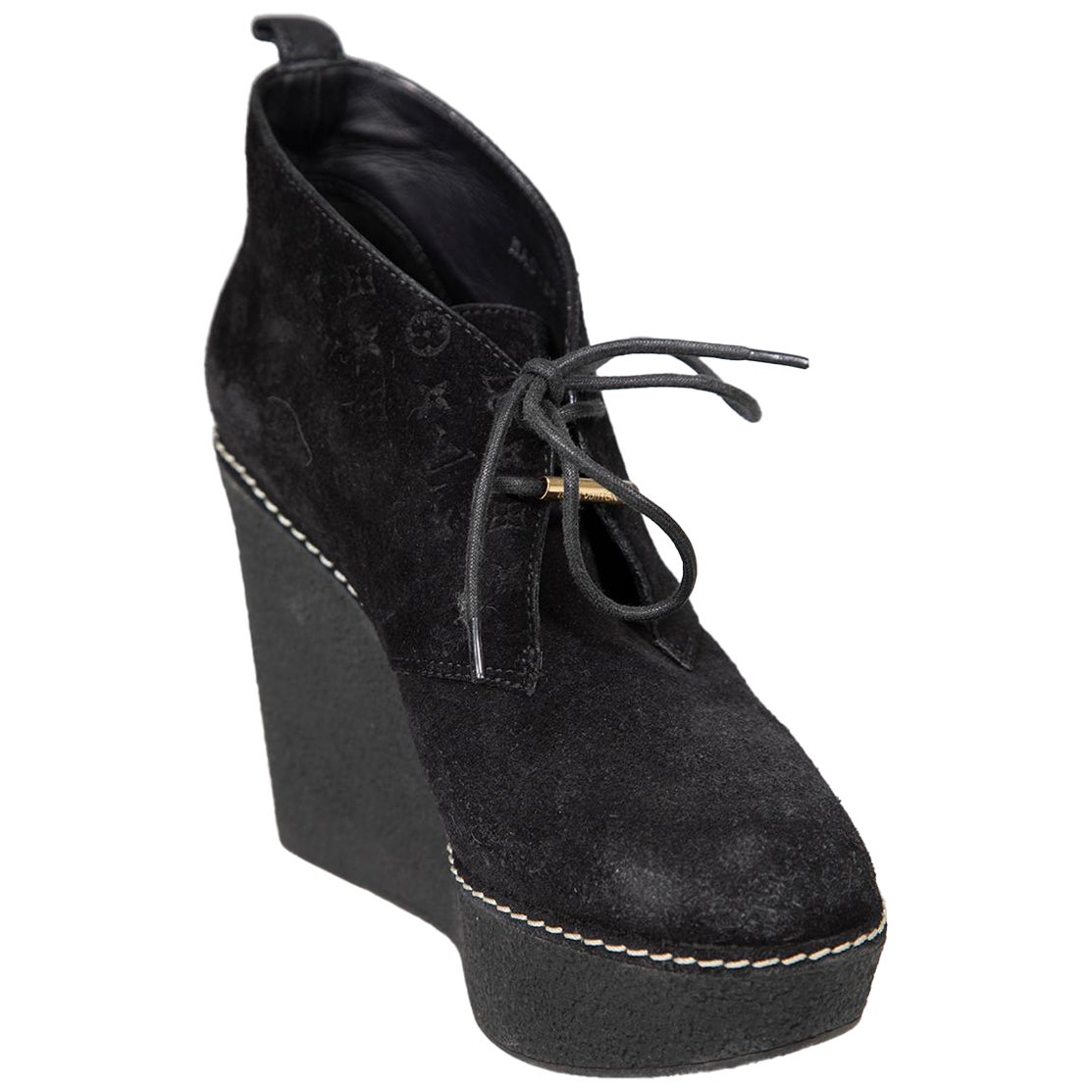 Louis Vuitton Black Monogram Suede Wedges Size IT 36.5 For Sale