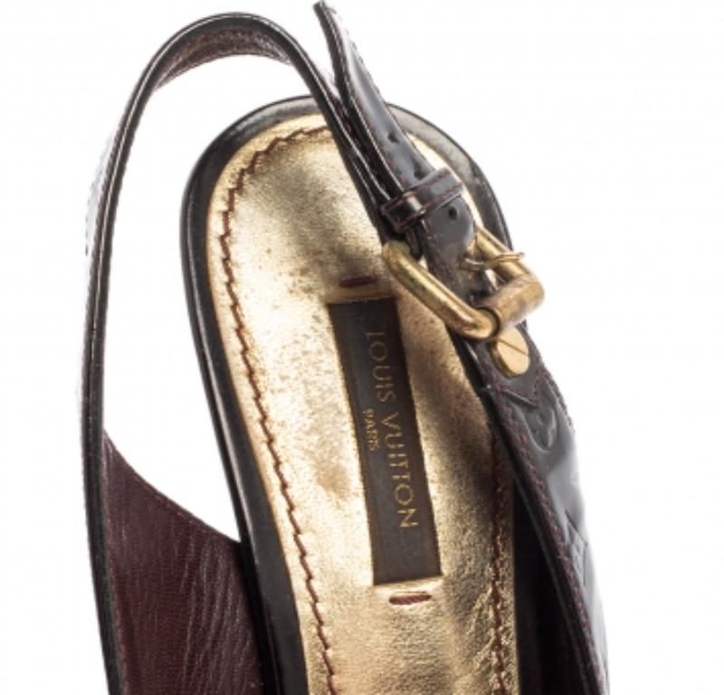 Louis Vuitton Schwarz Monogram Vernis Patent Slingback Sandalen Größe 37.5 Damen im Angebot