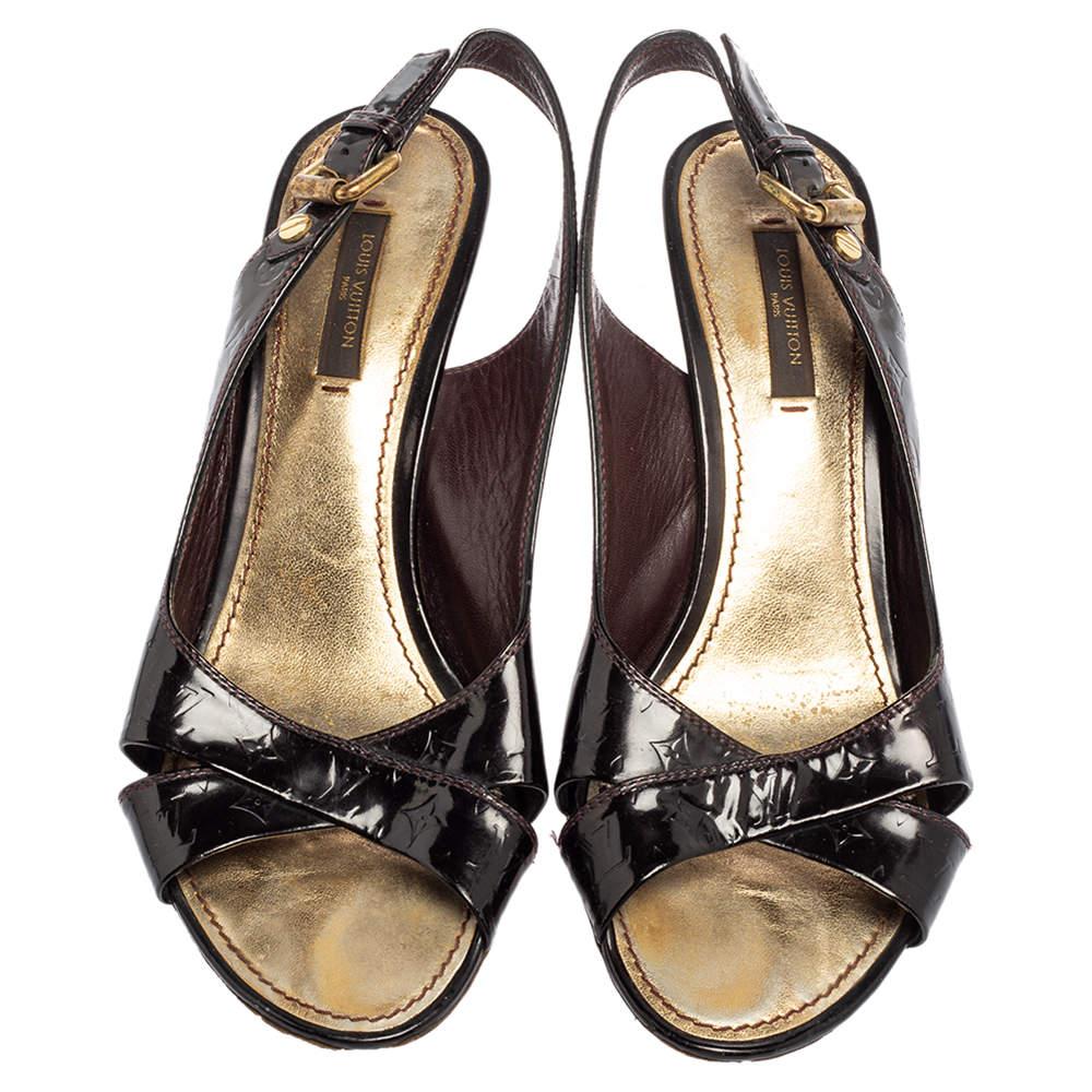 Women's Louis Vuitton Black Monogram Vernis Patent Slingback Sandals Size 37.5 For Sale