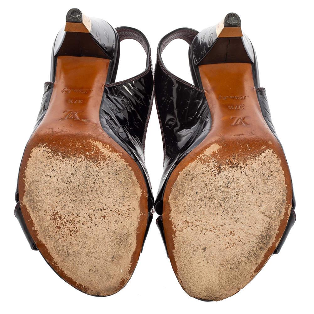 Louis Vuitton Black Monogram Vernis Patent Slingback Sandals Size 37.5 For Sale 2