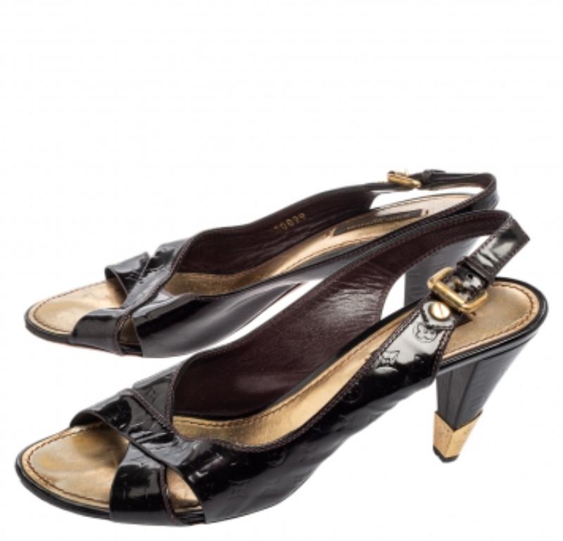 Louis Vuitton Schwarz Monogram Vernis Patent Slingback Sandalen Größe 37.5 im Angebot 4