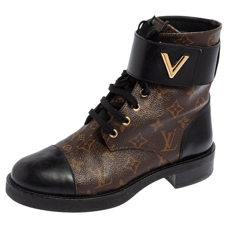 Louie Vuitton Brown Suede Monogram Combat Boots Booties Heels Sz 37  Authentic US
