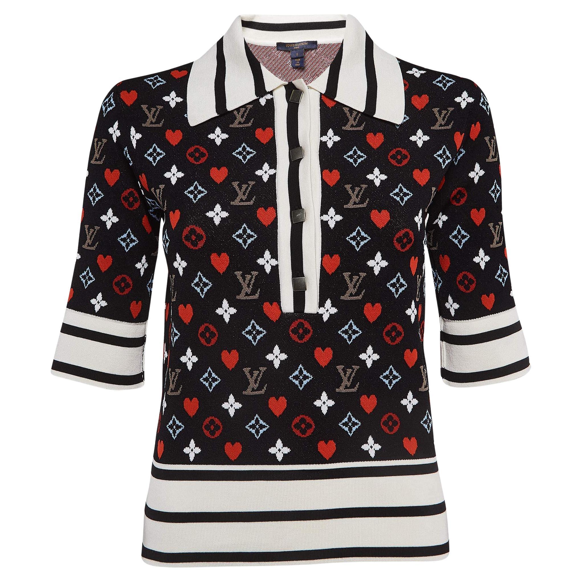 Louis Vuitton Black/Multicolor Logo Intarsia Knit Polo T-Shirt S For Sale
