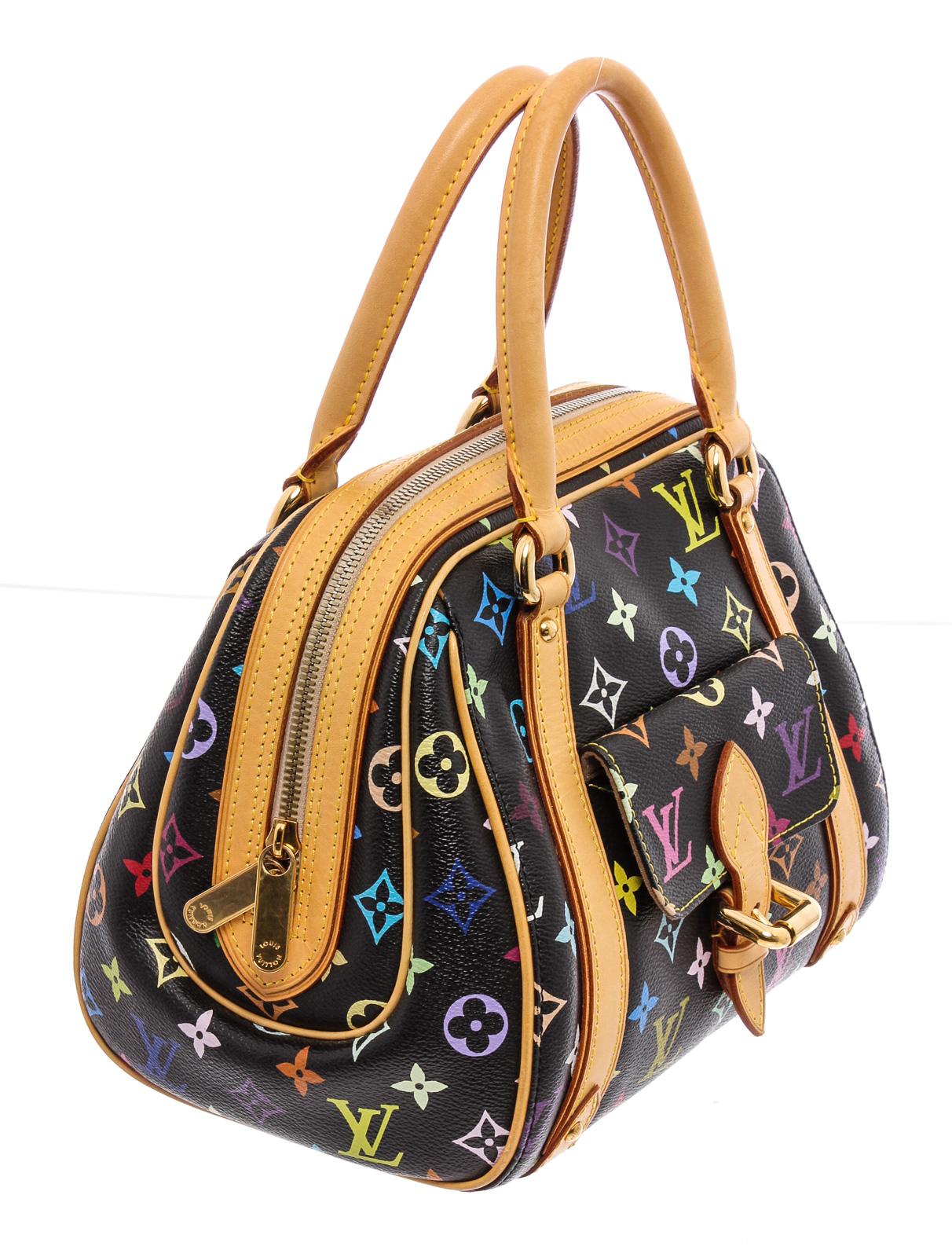 From the Takashi Murakami Collection. Multicolor  monogram coated canvas Louis Vuitton Priscilla bag with brass hardware, tan vachetta leather accents, dual rolled top handles, exterior pocket at front with buckle closure, Alcantara lining, dual