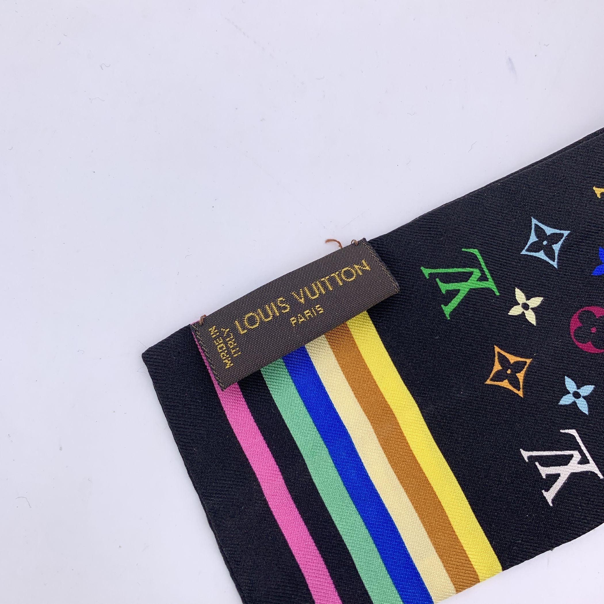Louis Vuitton Silk Multicolor Bandeau. Multicolor Multicolore Louis Vuitton monogram on black background. Horizontal stripes at the end of each side. Composition: 100% Silk. Total length: 46 inches - 116.7 cm. Width: 2.5 inches - 6.4 cm Condition A