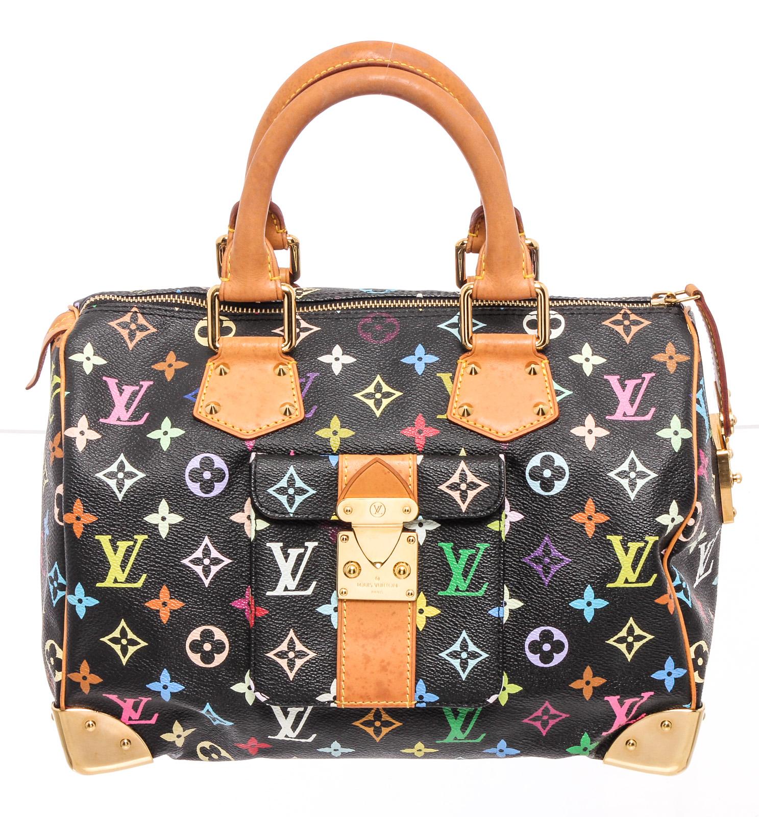 From the Takashi Murakami Collection. Black Multicolore monogram coated canvas Louis Vuitton Speedy 30 with brass hardware, tan vachetta leather trim, dual rolled top handles, single exterior pocket with flap and S-lock closure, tan Alcantara
