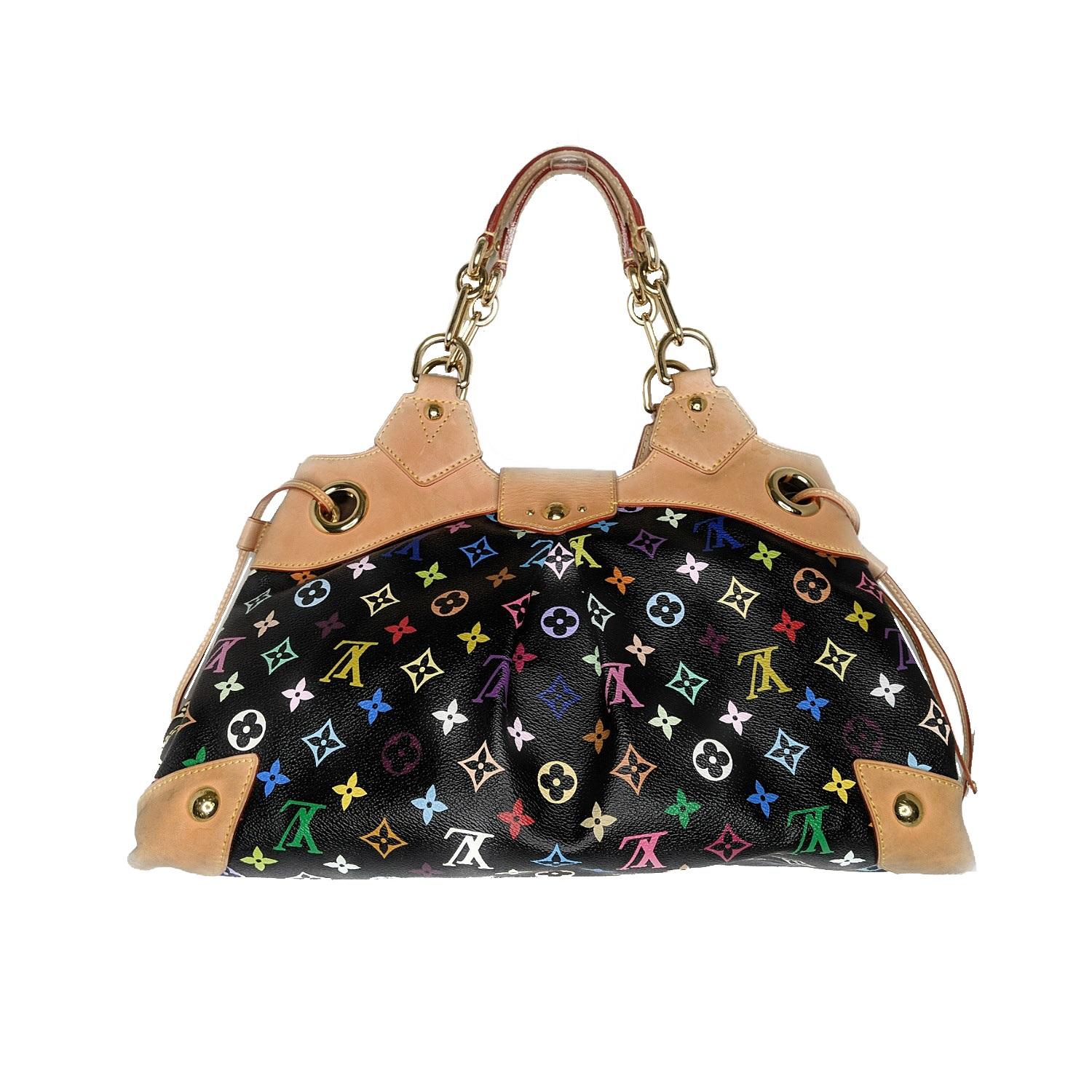 Black and multicolor monogram Louis Vuitton Ursula shoulder bag with gold-tone hardware, dual chain-link shoulder straps with leather shoulder guards, tan Vachetta leather trim, dual drawstring accents at sides, dual interior compartments, Alcantara