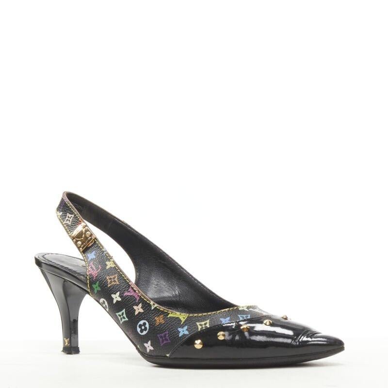 Gray LOUIS VUITTON black multicolour monogram gold stud slingback pump EU36.5