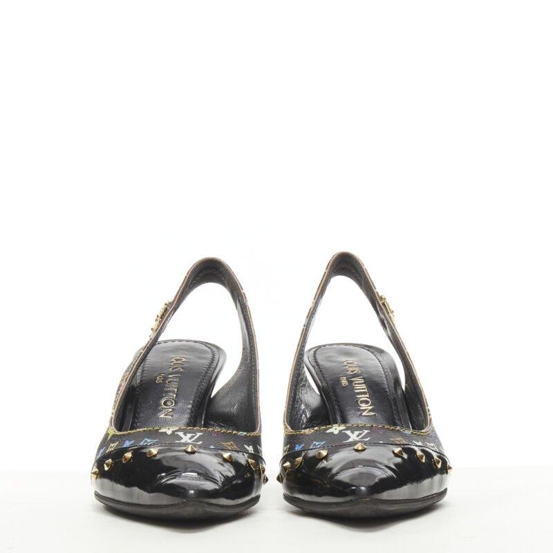 LOUIS VUITTON black multicolour monogram gold stud slingback pump EU36.5 In Good Condition In Hong Kong, NT