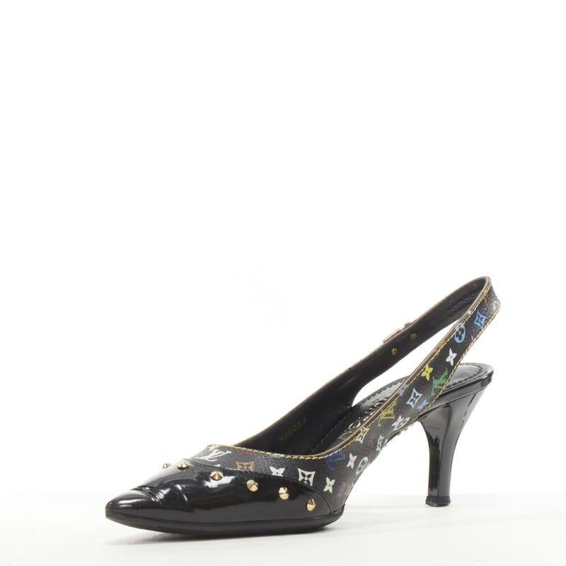 Women's LOUIS VUITTON black multicolour monogram gold stud slingback pump EU36.5