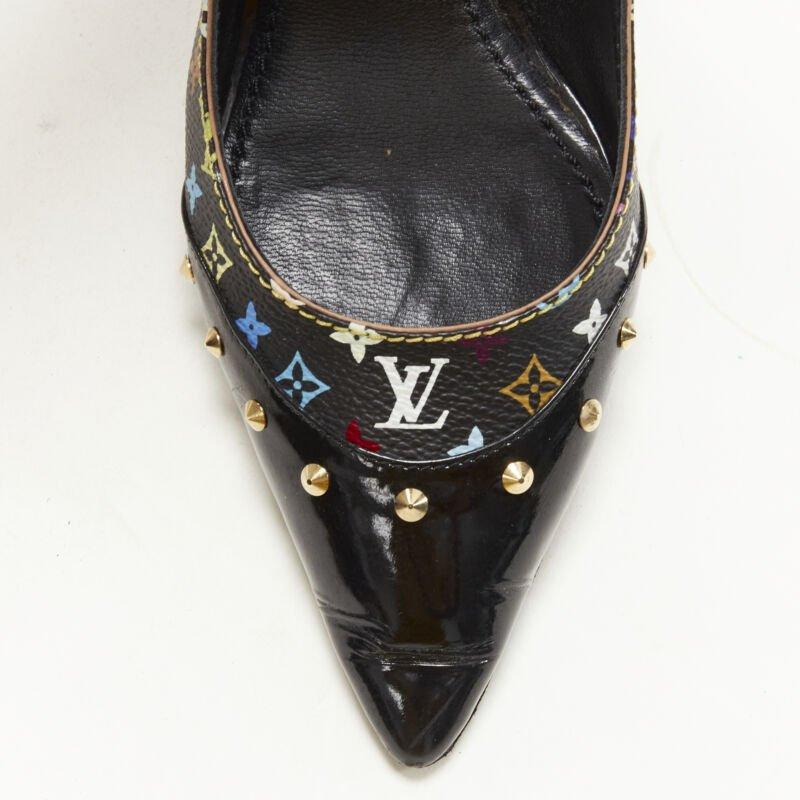 LOUIS VUITTON black multicolour monogram gold stud slingback pump EU36.5 2