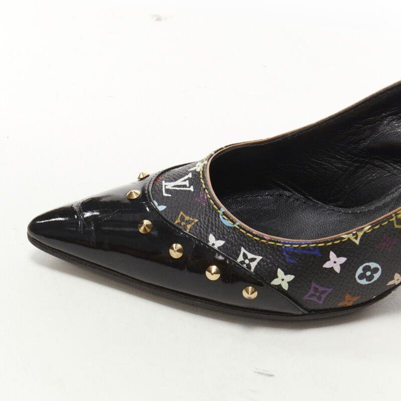 LOUIS VUITTON black multicolour monogram gold stud slingback pump EU36.5 3